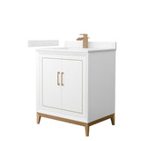 Marlena 30 Inch Single Bathroom Vanity in White Carrara Cultured Marble Countertop Undermount Square Sink Satin Bronze Trim