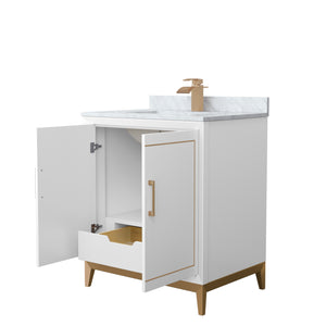 Marlena 30 Inch Single Bathroom Vanity in White White Carrara Marble Countertop Undermount Square Sink Satin Bronze Trim