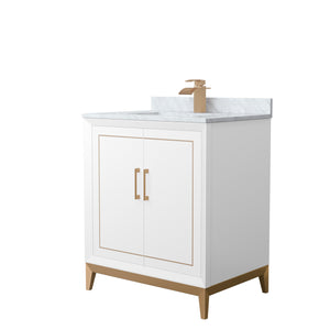 Marlena 30 Inch Single Bathroom Vanity in White White Carrara Marble Countertop Undermount Square Sink Satin Bronze Trim