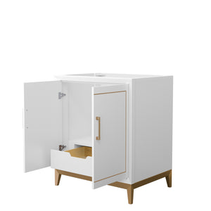 Marlena 30 Inch Single Bathroom Vanity in White No Countertop No Sink Satin Bronze Trim