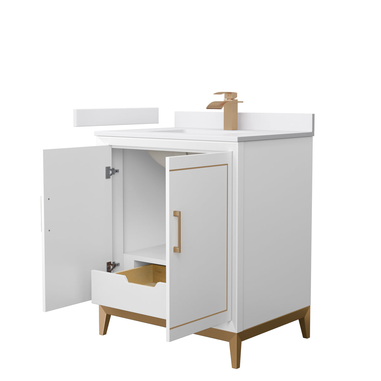 Marlena 30 Inch Single Bathroom Vanity in White White Cultured Marble Countertop Undermount Square Sink Satin Bronze Trim