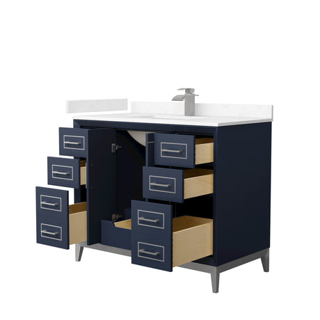 Marlena 42 Inch Single Bathroom Vanity in Dark Blue Carrara Cultured Marble Countertop Undermount Square Sink Brushed Nickel Trim