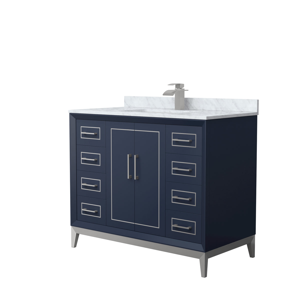 Marlena 42 Inch Single Bathroom Vanity in Dark Blue White Carrara Marble Countertop Undermount Square Sink Brushed Nickel Trim