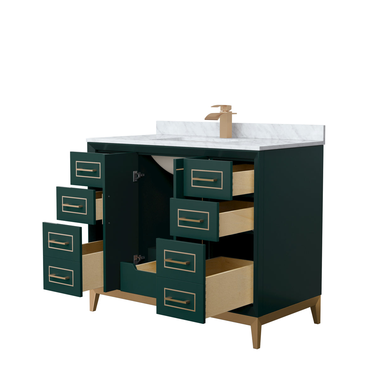 Marlena 42 Inch Single Bathroom Vanity in Green White Carrara Marble Countertop Undermount Square Sink Satin Bronze Trim