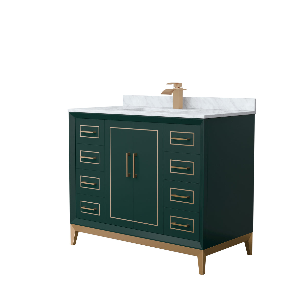 Marlena 42 Inch Single Bathroom Vanity in Green White Carrara Marble Countertop Undermount Square Sink Satin Bronze Trim