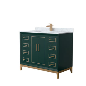 Marlena 42 Inch Single Bathroom Vanity in Green White Carrara Marble Countertop Undermount Square Sink Satin Bronze Trim