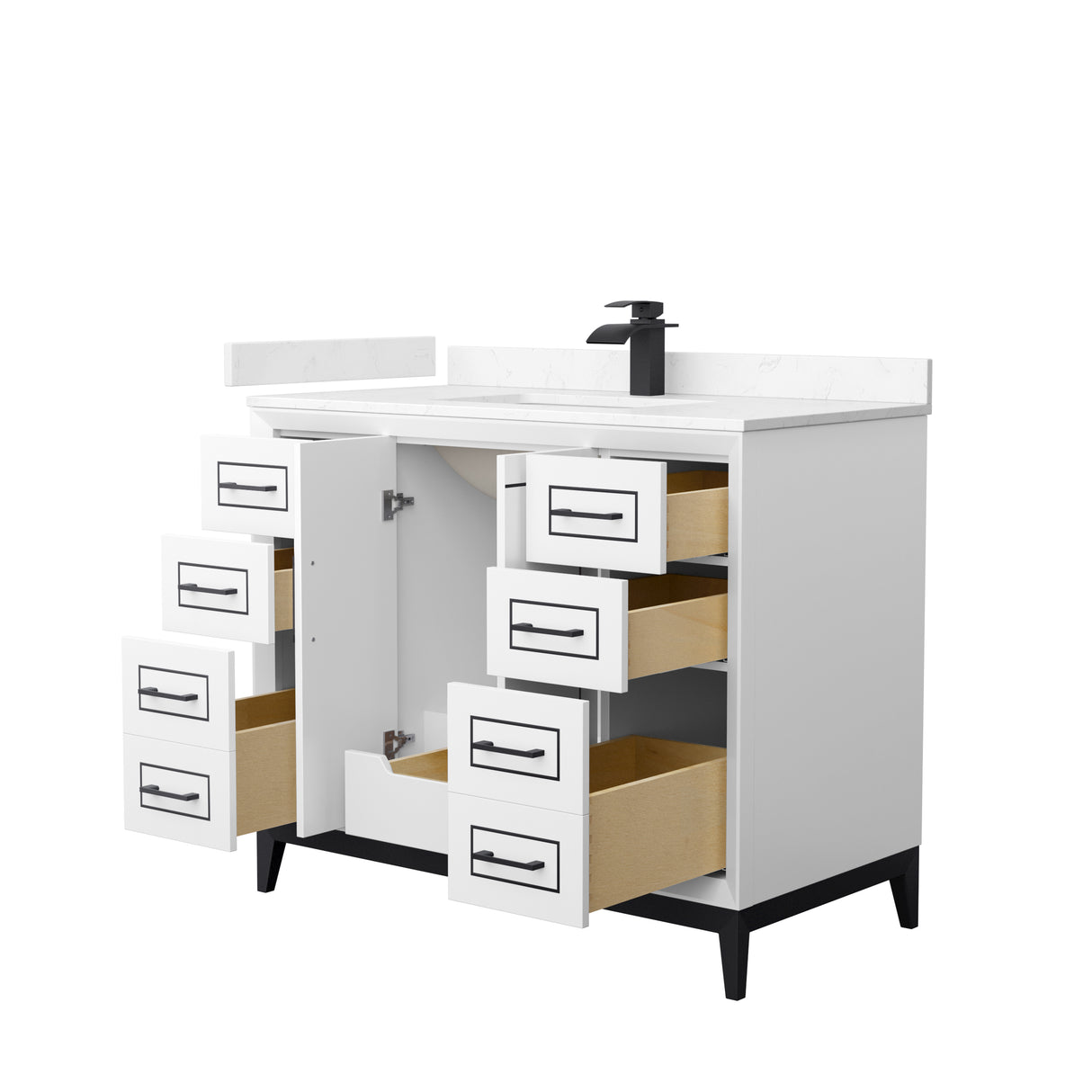 Marlena 42 Inch Single Bathroom Vanity in White Carrara Cultured Marble Countertop Undermount Square Sink Matte Black Trim