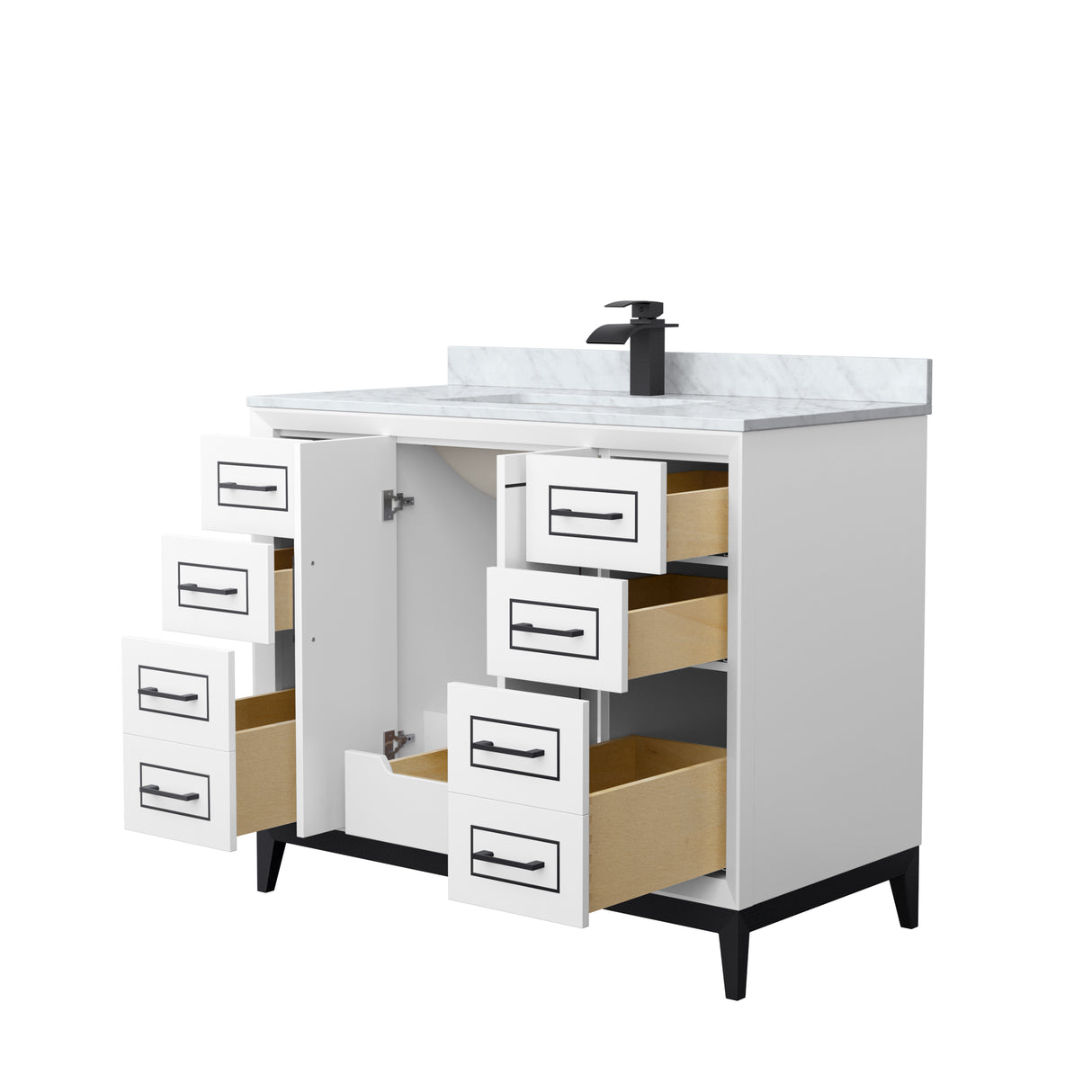 Marlena 42 Inch Single Bathroom Vanity in White White Carrara Marble Countertop Undermount Square Sink Matte Black Trim