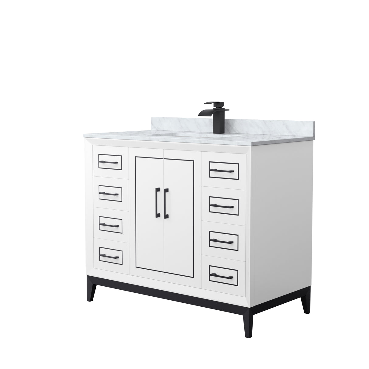 Marlena 42 Inch Single Bathroom Vanity in White White Carrara Marble Countertop Undermount Square Sink Matte Black Trim