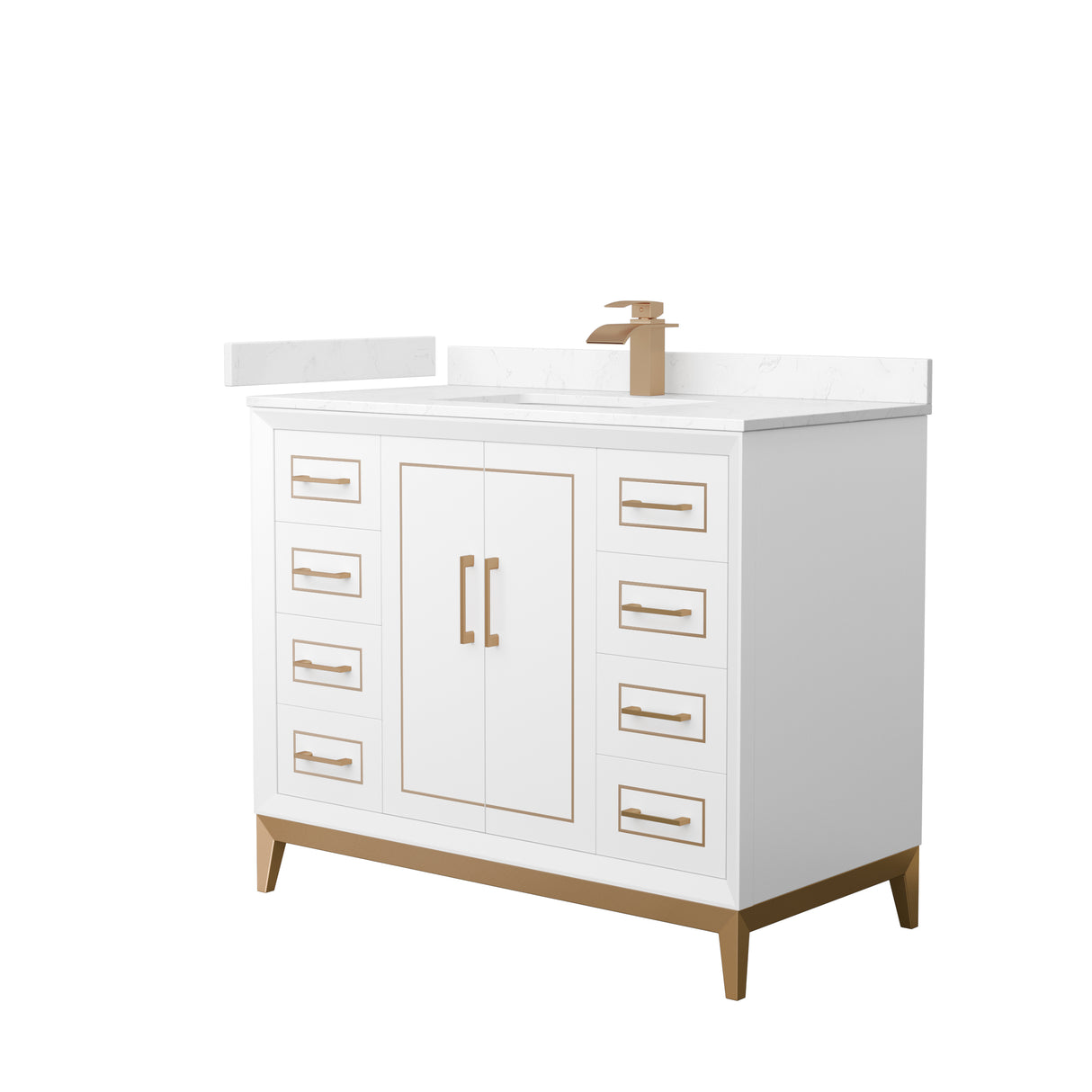 Marlena 42 Inch Single Bathroom Vanity in White Carrara Cultured Marble Countertop Undermount Square Sink Satin Bronze Trim