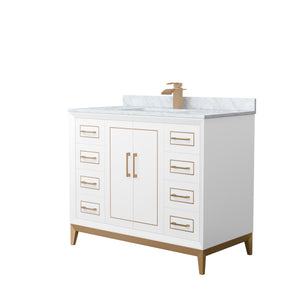 Marlena 42 Inch Single Bathroom Vanity in White White Carrara Marble Countertop Undermount Square Sink Satin Bronze Trim