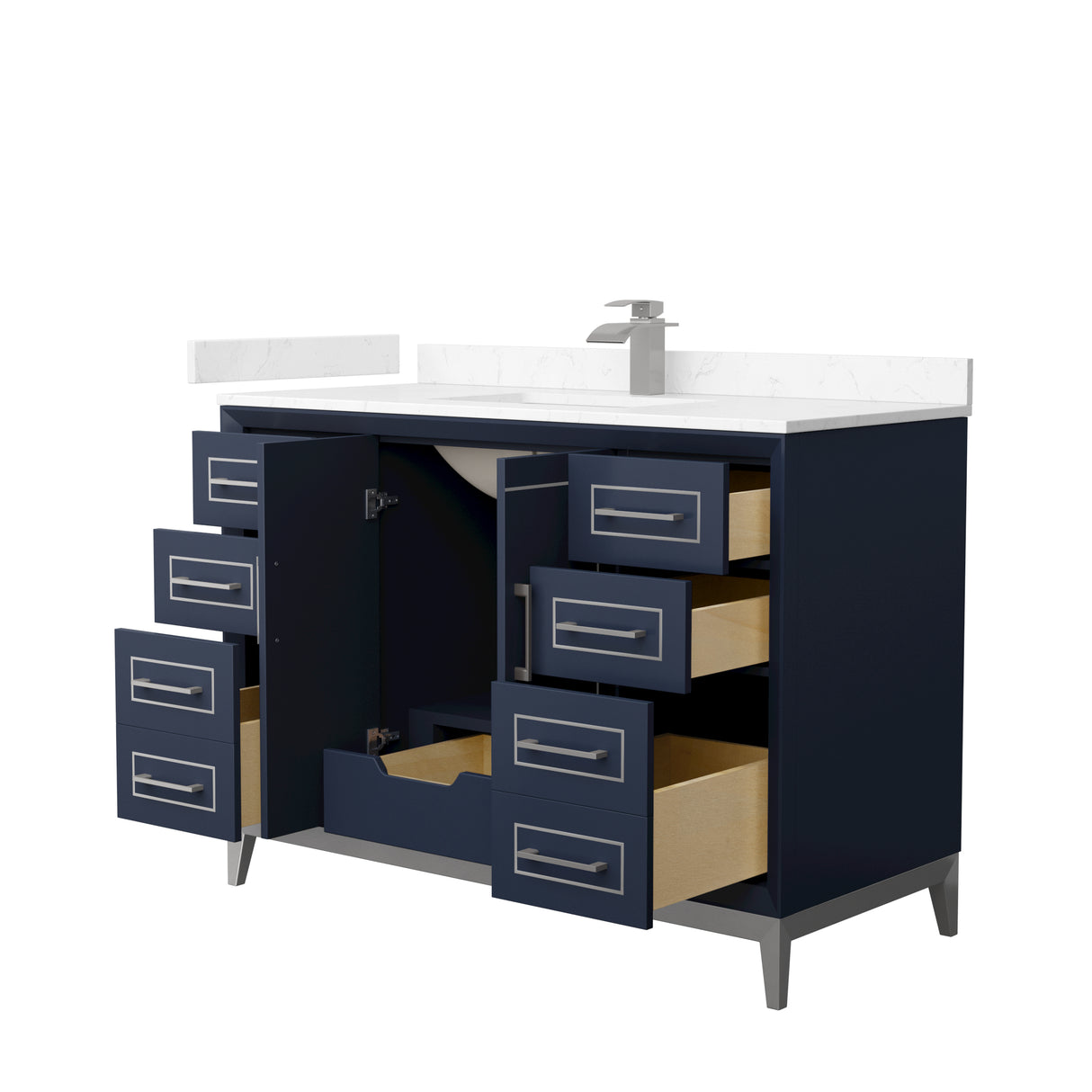 Marlena 48 Inch Single Bathroom Vanity in Dark Blue Carrara Cultured Marble Countertop Undermount Square Sink Brushed Nickel Trim