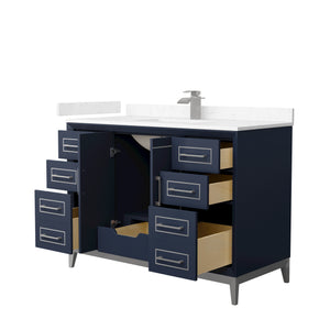 Marlena 48 Inch Single Bathroom Vanity in Dark Blue Carrara Cultured Marble Countertop Undermount Square Sink Brushed Nickel Trim