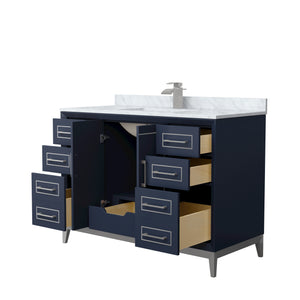Marlena 48 Inch Single Bathroom Vanity in Dark Blue White Carrara Marble Countertop Undermount Square Sink Brushed Nickel Trim