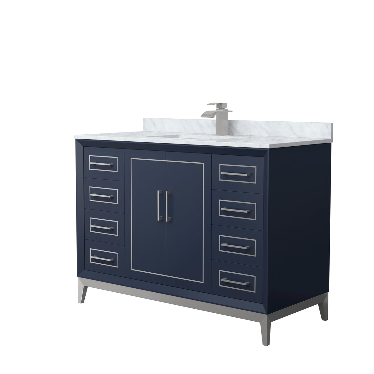 Marlena 48 Inch Single Bathroom Vanity in Dark Blue White Carrara Marble Countertop Undermount Square Sink Brushed Nickel Trim