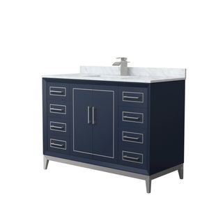 Marlena 48 Inch Single Bathroom Vanity in Dark Blue White Carrara Marble Countertop Undermount Square Sink Brushed Nickel Trim