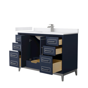 Marlena 48 Inch Single Bathroom Vanity in Dark Blue White Cultured Marble Countertop Undermount Square Sink Brushed Nickel Trim