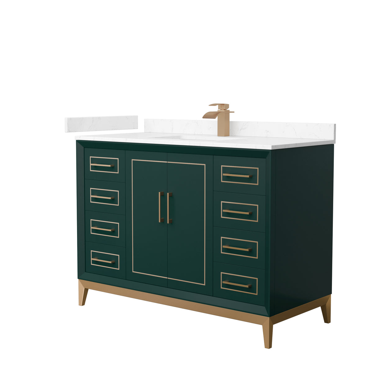 Marlena 48 Inch Single Bathroom Vanity in Green Carrara Cultured Marble Countertop Undermount Square Sink Satin Bronze Trim