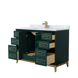 Marlena 48 Inch Single Bathroom Vanity in Green White Carrara Marble Countertop Undermount Square Sink Satin Bronze Trim