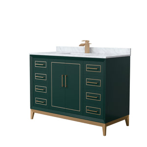 Marlena 48 Inch Single Bathroom Vanity in Green White Carrara Marble Countertop Undermount Square Sink Satin Bronze Trim