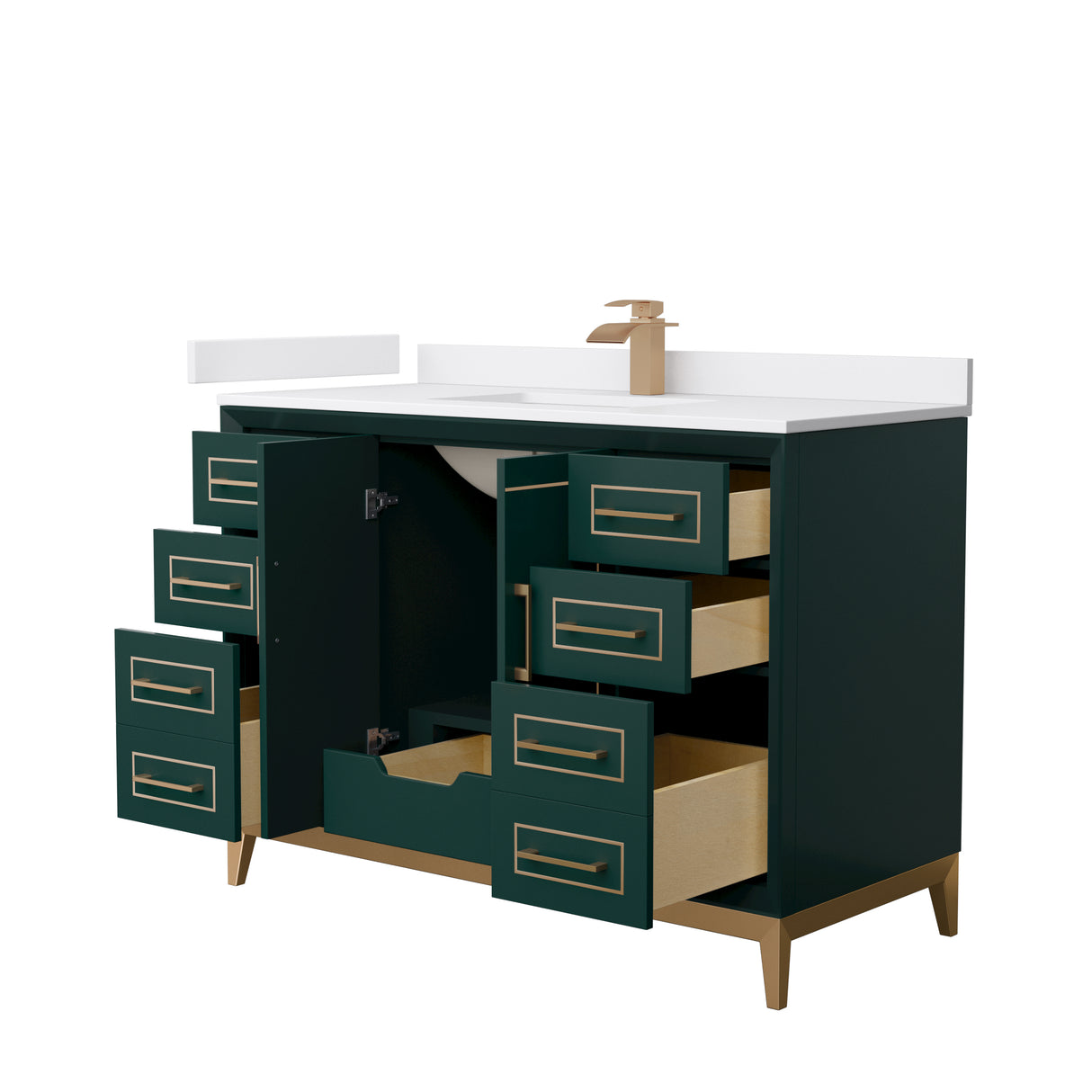 Marlena 48 Inch Single Bathroom Vanity in Green White Cultured Marble Countertop Undermount Square Sink Satin Bronze Trim