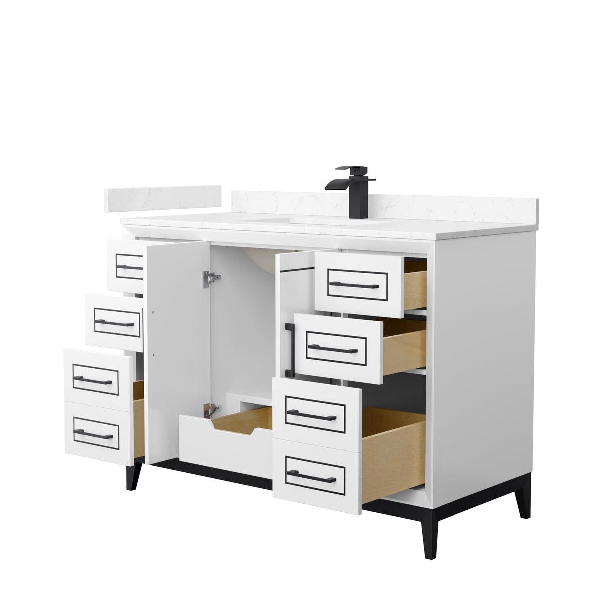 Marlena 48 Inch Single Bathroom Vanity in White Carrara Cultured Marble Countertop Undermount Square Sink Matte Black Trim