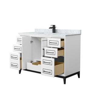 Marlena 48 Inch Single Bathroom Vanity in White White Carrara Marble Countertop Undermount Square Sink Matte Black Trim