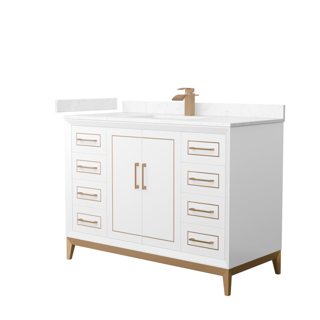 Marlena 48 Inch Single Bathroom Vanity in White Carrara Cultured Marble Countertop Undermount Square Sink Satin Bronze Trim