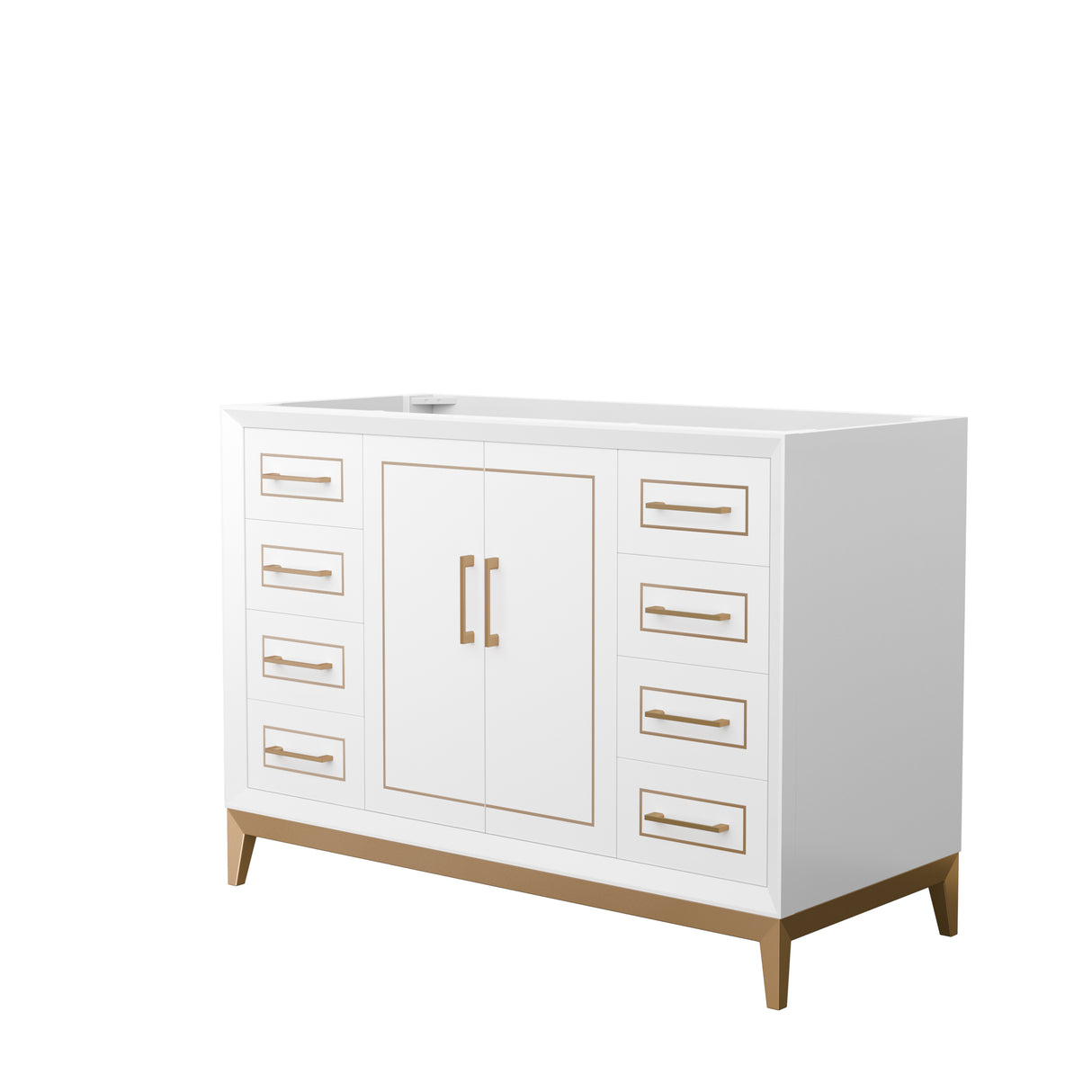 Marlena 48 Inch Single Bathroom Vanity in White No Countertop No Sink Satin Bronze Trim