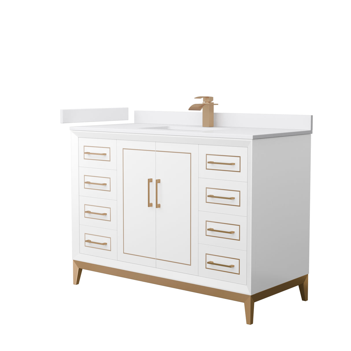Marlena 48 Inch Single Bathroom Vanity in White White Cultured Marble Countertop Undermount Square Sink Satin Bronze Trim