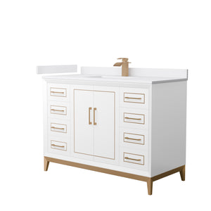 Marlena 48 Inch Single Bathroom Vanity in White White Cultured Marble Countertop Undermount Square Sink Satin Bronze Trim
