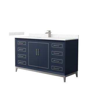 Marlena 60 Inch Single Bathroom Vanity in Dark Blue Carrara Cultured Marble Countertop Undermount Square Sink Brushed Nickel Trim
