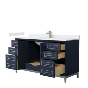 Marlena 60 Inch Single Bathroom Vanity in Dark Blue White Cultured Marble Countertop Undermount Square Sink Brushed Nickel Trim