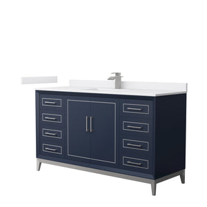 Marlena 60 Inch Single Bathroom Vanity in Dark Blue White Cultured Marble Countertop Undermount Square Sink Brushed Nickel Trim