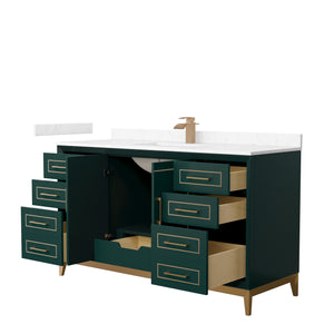 Marlena 60 Inch Single Bathroom Vanity in Green Carrara Cultured Marble Countertop Undermount Square Sink Satin Bronze Trim