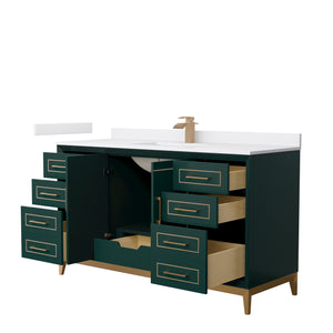 Marlena 60 Inch Single Bathroom Vanity in Green White Cultured Marble Countertop Undermount Square Sink Satin Bronze Trim
