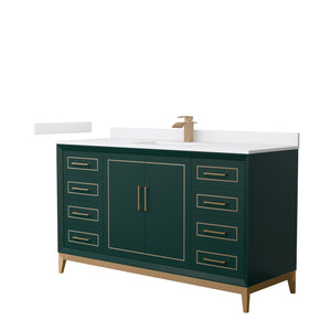 Marlena 60 Inch Single Bathroom Vanity in Green White Cultured Marble Countertop Undermount Square Sink Satin Bronze Trim