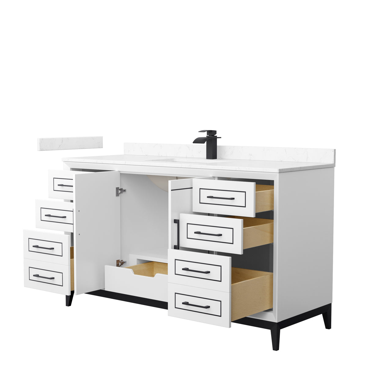 Marlena 60 Inch Single Bathroom Vanity in White Carrara Cultured Marble Countertop Undermount Square Sink Matte Black Trim