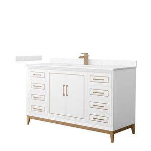 Marlena 60 Inch Single Bathroom Vanity in White Carrara Cultured Marble Countertop Undermount Square Sink Satin Bronze Trim