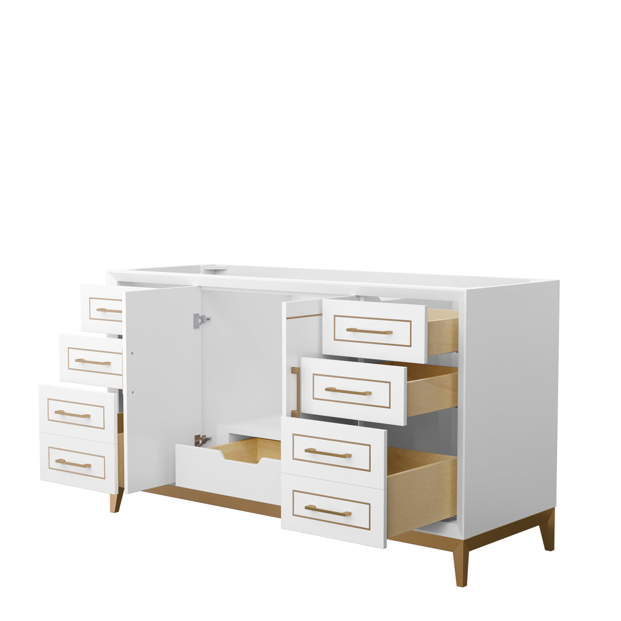 Marlena 60 Inch Single Bathroom Vanity in White No Countertop No Sink Satin Bronze Trim