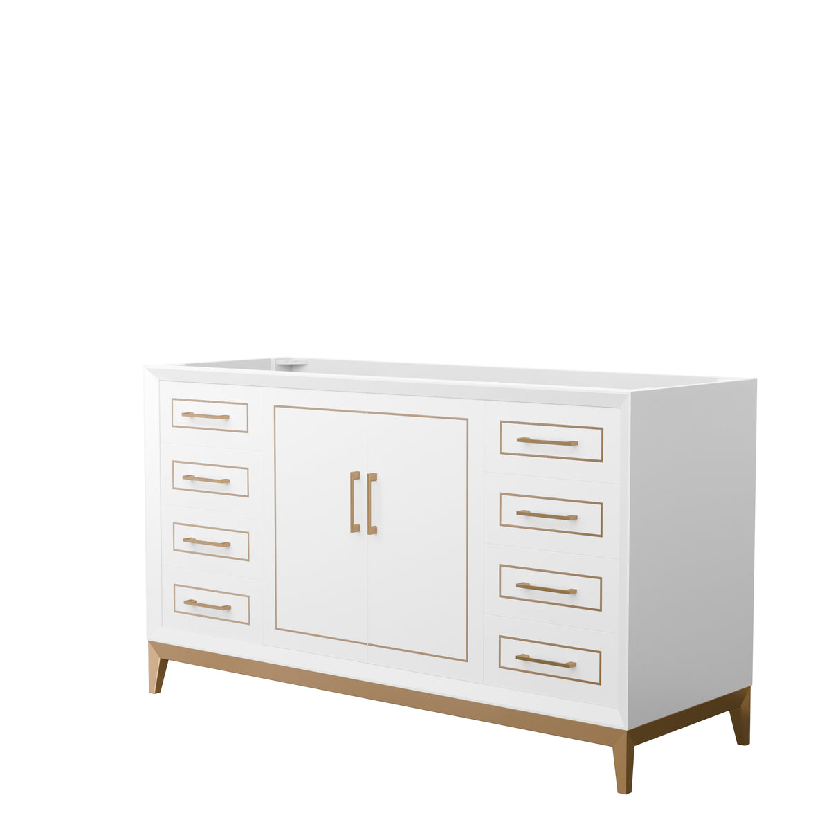 Marlena 60 Inch Single Bathroom Vanity in White No Countertop No Sink Satin Bronze Trim