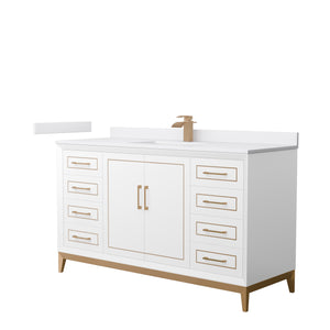 Marlena 60 Inch Single Bathroom Vanity in White White Cultured Marble Countertop Undermount Square Sink Satin Bronze Trim