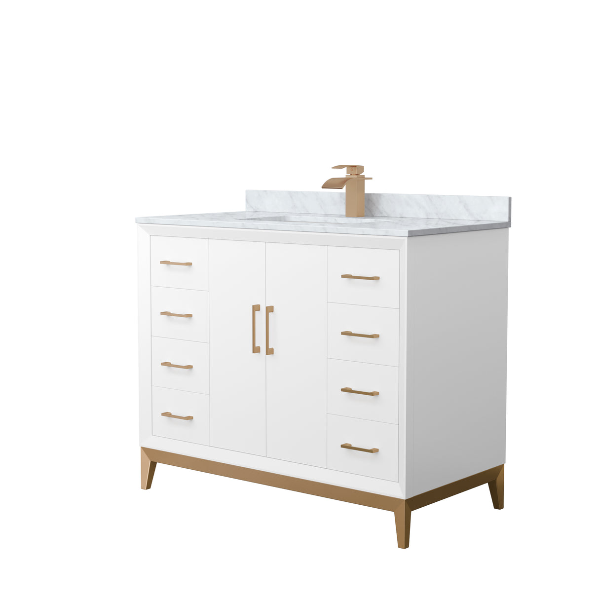 Amici 42 Inch Single Bathroom Vanity in White White Carrara Marble Countertop Undermount Square Sink Satin Bronze Trim
