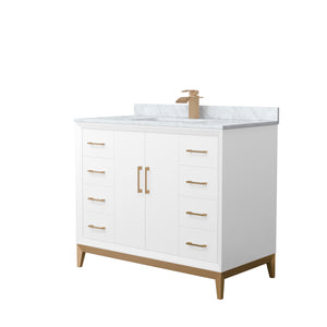 Amici 42 Inch Single Bathroom Vanity in White White Carrara Marble Countertop Undermount Square Sink Satin Bronze Trim