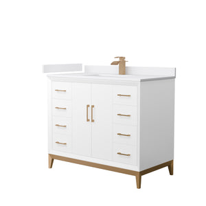 Amici 42 Inch Single Bathroom Vanity in White White Cultured Marble Countertop Undermount Square Sink Satin Bronze Trim