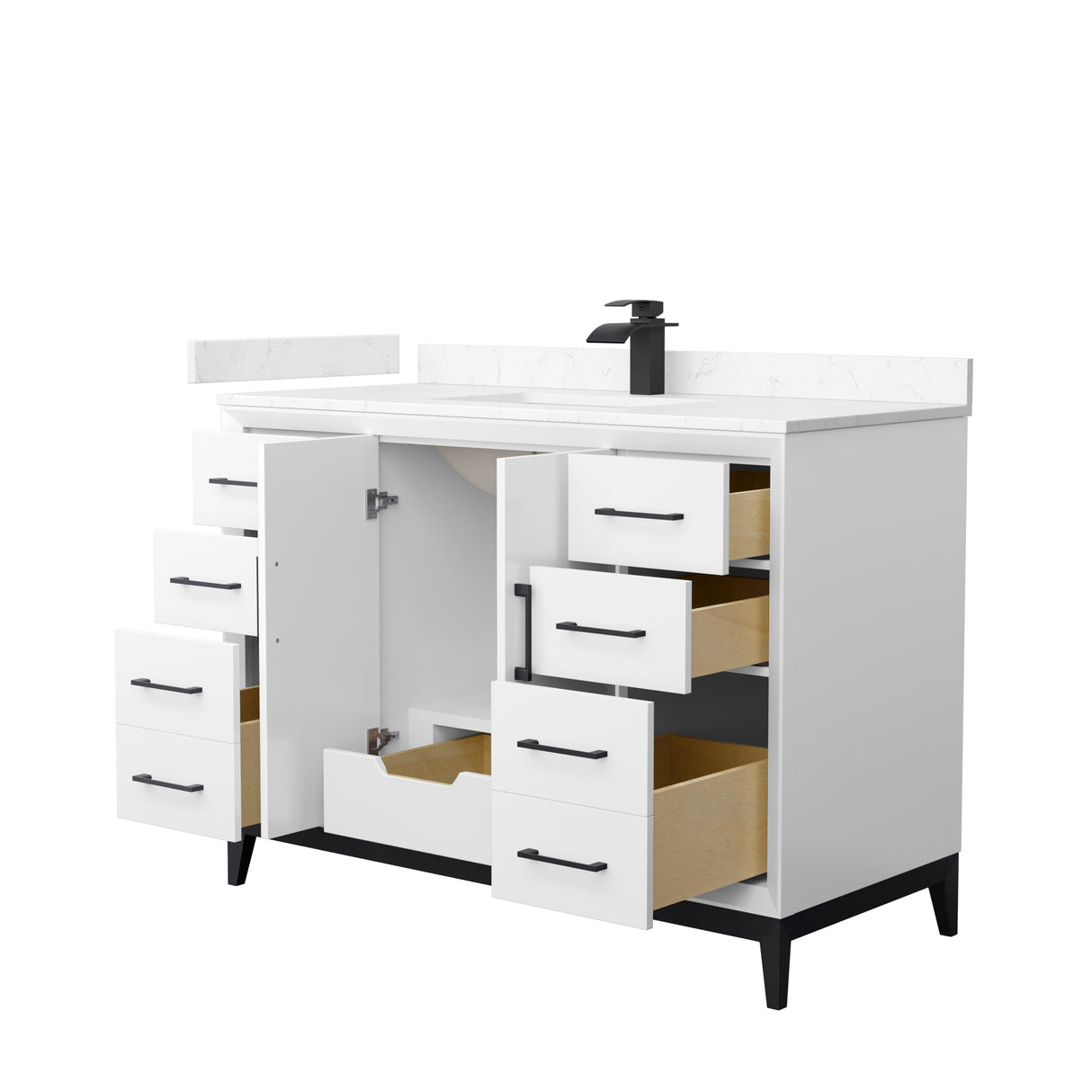 Amici 48 Inch Single Bathroom Vanity in White Carrara Cultured Marble Countertop Undermount Square Sink Matte Black Trim