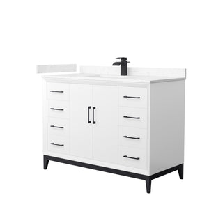 Amici 48 Inch Single Bathroom Vanity in White Carrara Cultured Marble Countertop Undermount Square Sink Matte Black Trim
