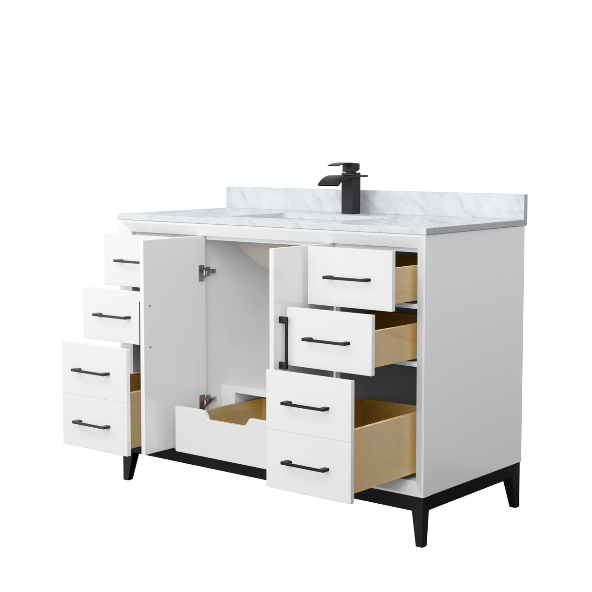 Amici 48 Inch Single Bathroom Vanity in White White Carrara Marble Countertop Undermount Square Sink Matte Black Trim