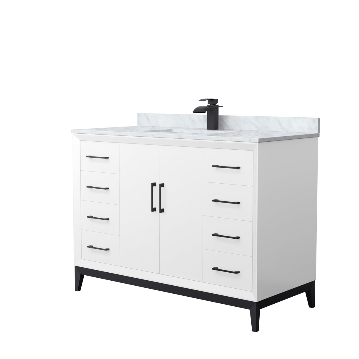 Amici 48 Inch Single Bathroom Vanity in White White Carrara Marble Countertop Undermount Square Sink Matte Black Trim