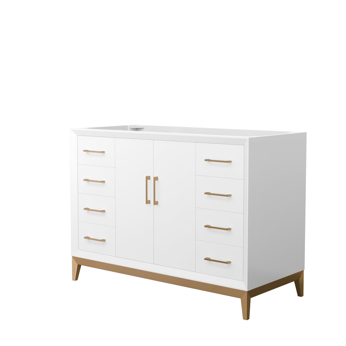 Amici 48 Inch Single Bathroom Vanity in White No Countertop No Sink Satin Bronze Trim